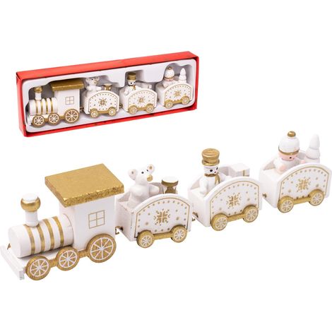 Petit Train De Noël En Bois Blanc - Décoration Et Cadeau - Paysage Décoratif Pour Enfants