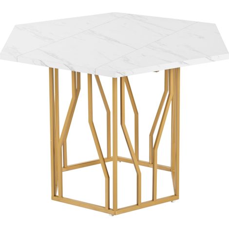 Ensemble table à manger hexagonale en MDF avec plateau imitation marbre blanc et 4 chaises en velours noir, pied métal doré (1/5)