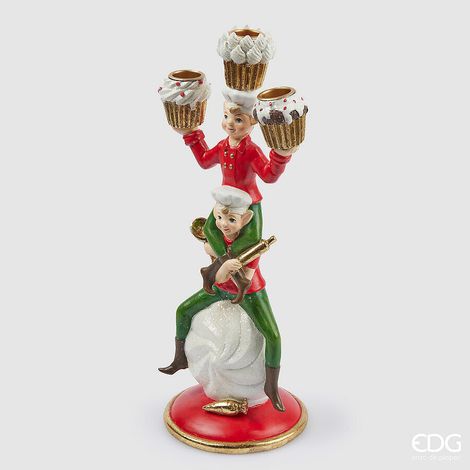EDG Enzo De Gasperi Portacandela Natale Elfo Cuoco 3 Fiamme H 33 Cm 14 x 12 Cm Green Red