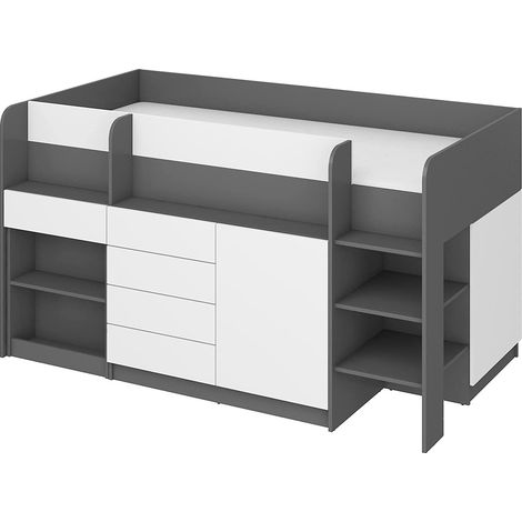 BETT MOBILE KOMMODE MIT SCHREIBTISCH SMILE T 204x 112x112cm RECHTE SEITE GRAPHIT WEISS