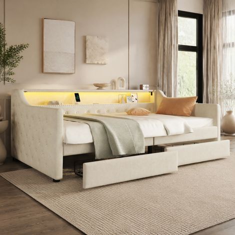 Schlafsofa 90 x 200 cm mit 2 Schubladen, LED-Licht, Fernbedienung, USB, Beige HAVRYA (1/5)