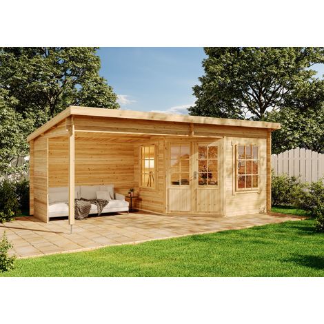 Carlsson – Abri de jardin en pin imprégné 28 mm – Dimensions 598 x 330 cm – Double porte 142 x 189 cm – 2 fenêtres ouvrantes – Volume 35,5 m³