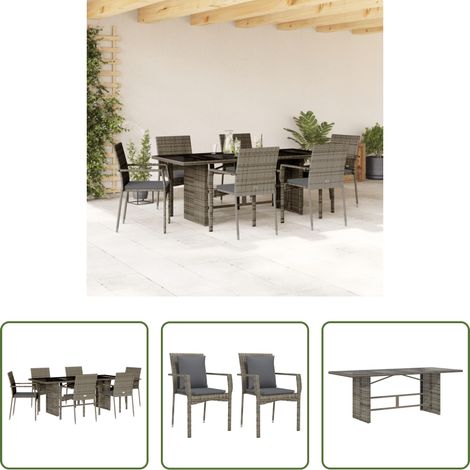 vidaXL Gartenstuhl - 7-tlg. Garten-Essgruppe mit Kissen Grau Poly Rattan (1/5)