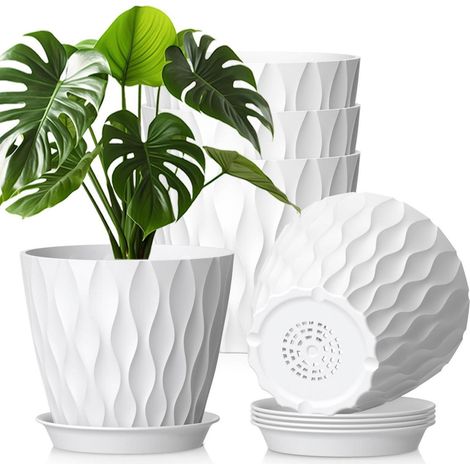 Blumentöpfe 5er Set Ø 20 cm mit Untersetzer, Kunststoff, Weiß, 3D-Wellenstruktur (1/5)