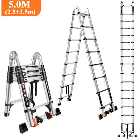 Scala Pieghevole Telescopica in Alluminio da 5,0 M con 2 Rotelle (2,5 M + 2,5 M), Scala Pieghevole Multifunzione con Carico di 150 Kg, Nero Argento