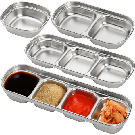 Ein Set aus vier Saucenschalen aus Edelstahl mit Fächern für Sojasauce, Ketchup, Essig, Gewürze und koreanische Würzmittel.