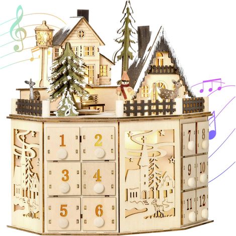 Calendrier de l'Avent en bois avec musique – 24 tiroirs éclairés LED – Design château pour décorations de Noël – Matériau réutilisable