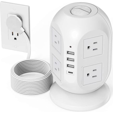 Multiprise tour avec protection contre les surtensions et interface USB-C, 8 prises secteur, cordon d'alimentation plat de 3 mètres, adaptée à une utilisation à domicile et au bureau. (1/4)