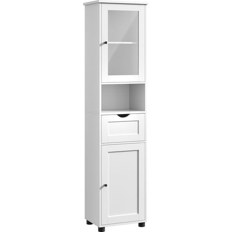 Vasagle – Armoire murale de salle de bain 30 x 40 x 165 cm – 2 portes vitrées – 1 tiroir – Étagères réglables – Panneau d’aggloméré blanc nuage