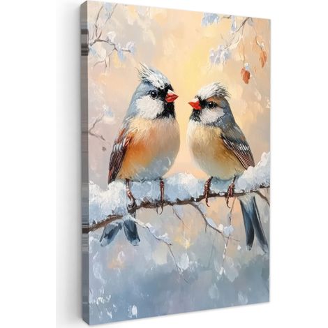 CUADRO EN LIENZO Pájaros - Rama - Invierno - Nieve Pinturas 40x60 cm