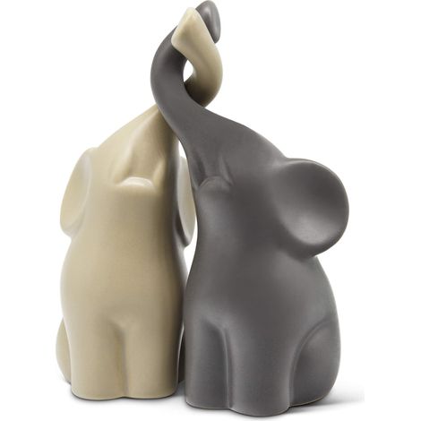 Una coppia di adorabili elefanti beige e grigi - un set di moderne sculture in ceramica - statuette decorative alte 16 cm