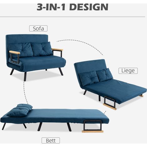 Canapé convertible 2 places velours, bleu naturel, fonction lit, avec 2 oreillers assortis (1/4)