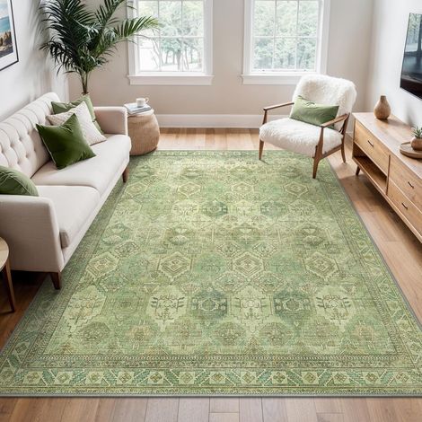Tapis Salon Vintage, Tapis Lavable en Machine, Chambre, Salon Antidérapant, Vert, 120x170cm (1/5)