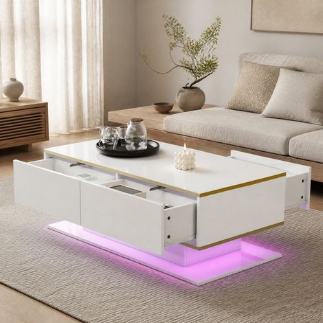 Mesa de centro LED 100 x 50 x 40 cm, acabado alto brillo, 3 cajones, blanco y dorado HAVRYA (1/5)