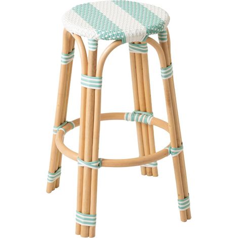 Tabouret de Bar en Rotin "Reyes" 66cm Bleu & Blanc