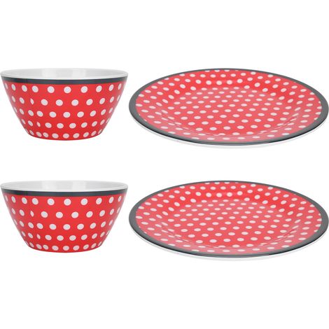 Ensemble de 4 assiettes à salade à pois rouges, imitation porcelaine, pour fruits, gâteaux et autres aliments. Vaisselle de cuisine. (1/5)