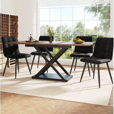 MODFU – Ensemble table extensible 120-160 cm + 4 chaises velours – MDF noyer et métal – Noyer/noir (1/5)