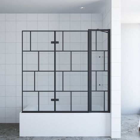 Badewannenfaltwand 150x140 cm Duschtrennwand für Badewanne Black Style Sicherheitsglas mit Nano Hebe- / Senkfunktion Faltbar und schwenkbar 180° mit Acryl- Duschablagelinks und rechts montierbar (1/5)