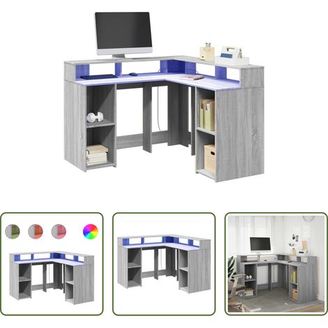 vidaXL Étagères - Bureau et lumières LED sonoma gris 130x130x91cm bois ingénierie (1/5)