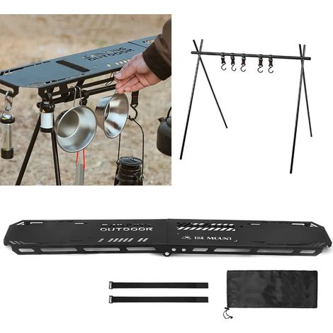 (Triangle et planche) Plateau supérieur triangulaire pour trépied de camping pliable en alliage d'aluminium, avec trou de suspension. Support de rangement triangulaire pour le camping en extérieur. (1/4)
