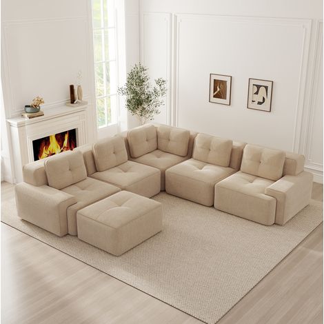 Ecksofa modular Beige aus Cord, tiefe Sitzfläche und flexibel kombinierbare Elemente (1/5)