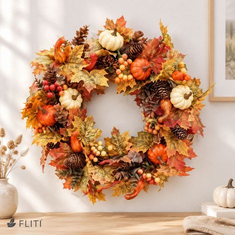Couronne artificielle d\'automne 45cm – Feuilles d\'érable, citrouilles et baies – Décoration murale pour Halloween et Thanksgiving (1/5)
