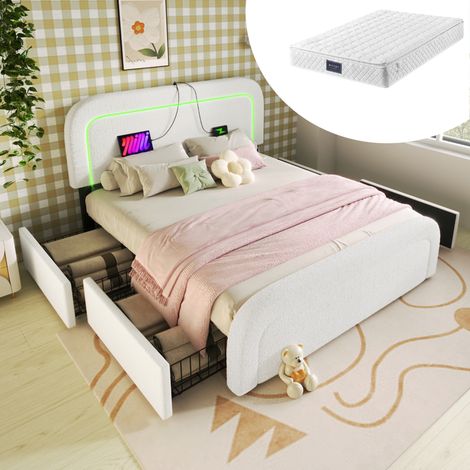 Letto imbottito 140x200 cm con 4 cassetti, LED e presa USB Type C, materasso incluso, bianco (1/5)