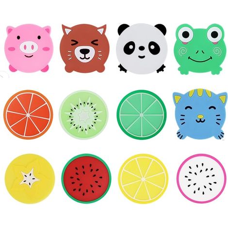 Lot de 12 dessous de verre en silicone pour boissons, 5 dessous-de-verre fantaisie en forme d'animal et 7 sous-verres en silicone motif fruits (1/5)
