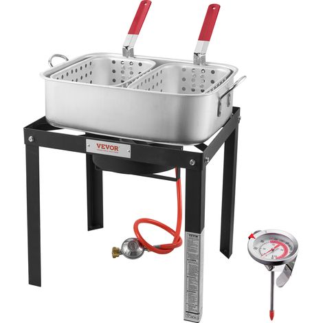 VEVOR Friggitrice per Pesce e Ali di Pollo, Kit per Friggitrice in Alluminio a Propano, Pentola per Friggitrice Aperto con Termometro, Cestello Filtrante e Bruciatori a Propano da 16,99 kW·h 13,27 L