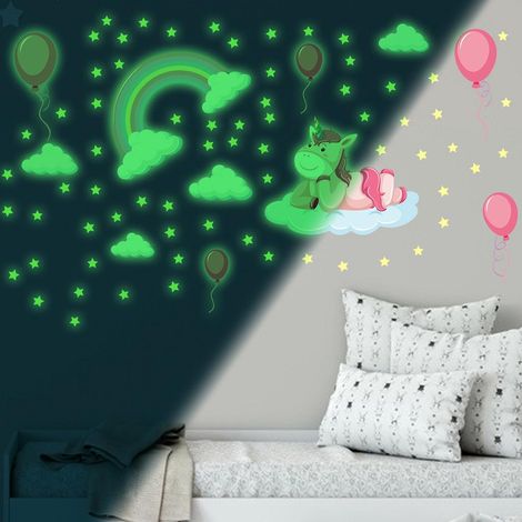Lot de 2 stickers muraux arc-en-ciel vert lumineux pour chambre de fille (licorne), décalcomanies étoiles phosphorescentes pour plafond, décoration chambre enfant et salon (1/5)