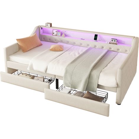 CAIziLit de jour, 90 x 200 cm, canapé-lit, lit de repos avec sommier à lattes (sans matelas), éclairage d’ambiance avec télécommande, lit avec deux tiroirs, port USB, Lin, Beige (1/5)