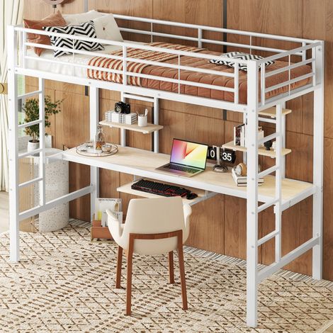 Cama alta de metal blanca 90x200 cm con escritorio, 2 estanterías y somier incluido (1/5)