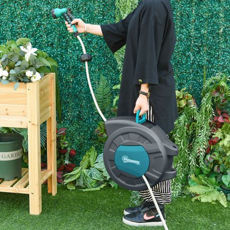Automatische, wandmontierte Schlauchtrommel mit 180°-Drehung, 15+1,4 m Wasserschlauch und Multifunktionspistole, Grau