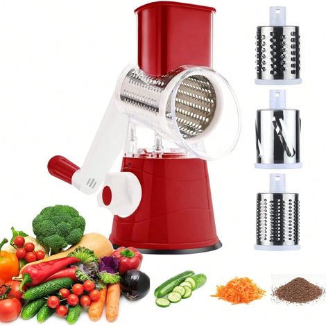 1 pièce, râpe à fromage rotative 3e génération, mandoline, trancheuse de légumes, 3 lames de rechange, déchiqueteuse facile à nettoyer pour fruits et légumes, rouge. (1/4)