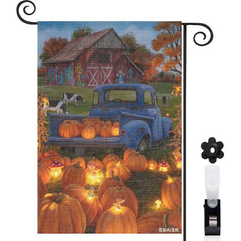 Drapeau de jardin bienvenue 30 x 45 cm motif camion bleu et récolte citrouilles toile double face (1/5)