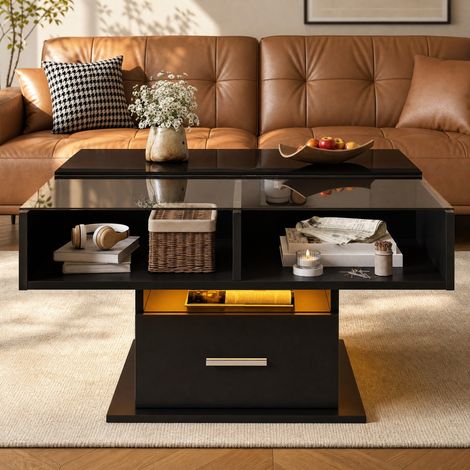 Tavolino da caffè alzabile LED con contenitore, 78 x 78 cm, altezza regolabile, nero lucido DESVIAE (1/5)