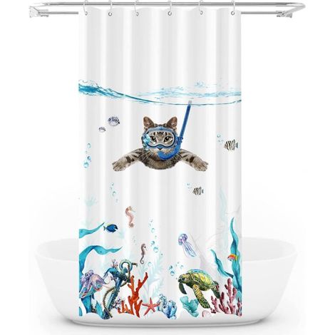 Rideau de douche amusant à motif chat, 183 cm x 183 cm, blanc.