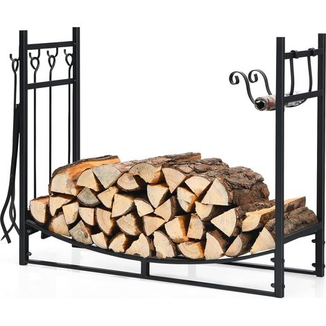 GOPLUS Range Bûches Décoratif, Porte Bûches en Acier avec Pieds Surélevés, 6 Crochets et 4 Outils, Charge de 50 kg, Serviteur Cheminée pour Intérieur Extérieur (1/5)