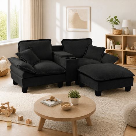Divano angolare modulare 224x155x90 cm in ciniglia nera con USB e contenitore – MEUBLIV (1/5)