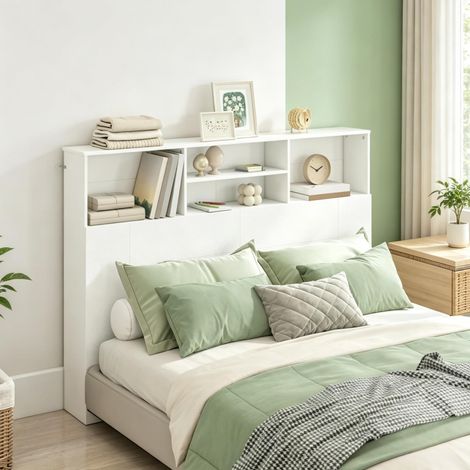 Tête de lit 140x19x103,5 cm en MDF et panneaux de bois blanc, avec rangement pour chambre FloraGrace (1/5)