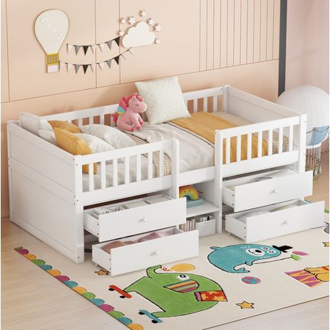 Halbhohes Bett Kiefernholz & MDF Weiß 90x200 cm mit 4 Schubladen und Sicherheitsgeländer (1/5)