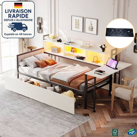 MODFU - Divano letto 90x200 cm, letto per bambini con cassetti, letto singolo con illuminazione a LED, scrivania ribaltabile, presa di corrente, materasso non incluso, metallo + MDF, bianco