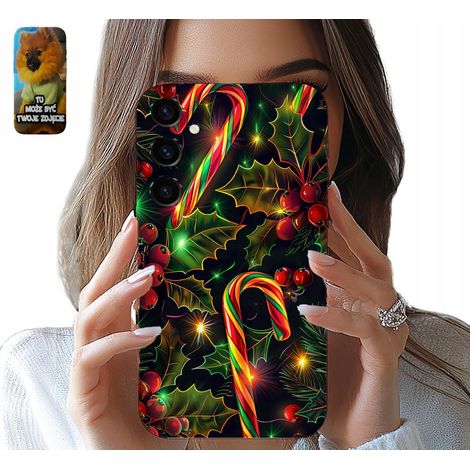 Custodia per Samsung Galaxy S24 con motivo natalizio a bastoncino di zucchero, albero di Natale e vischio. (1/5)