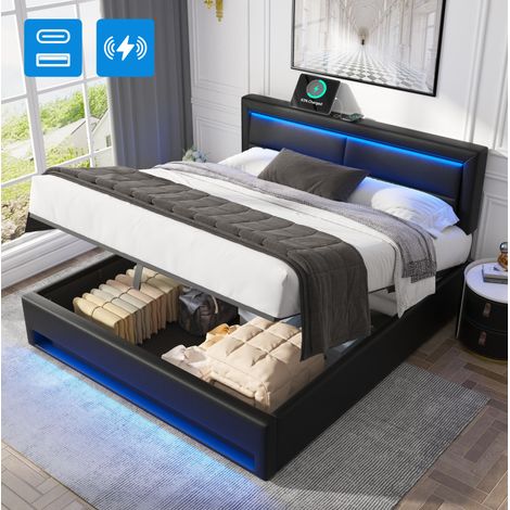Letto contenitore 160x200 cm con USB, LED, vano contenitore, PU nero OKMYHOME (1/5)