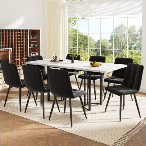Conjunto de comedor extensible, 140x80x75.5 cm, mesa para 8 personas, MDF, metal y terciopelo negro y blanco (1/5)