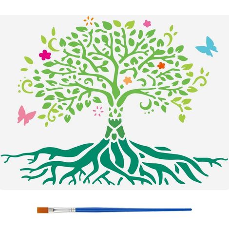 Pochoir de Dessin D'Arbre Mandala Avec Un Pinceau 29.7X21cm Modèle de Peinture D'Arbre de Vie Fleurs Papillons Pochoir de Décoration pour Peinture sur Bois Mur Tissu Meubles (1/5)