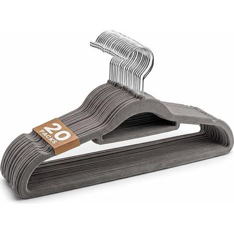 Lot de 20 Cintres en Velours Antidérapants, Ultra Fins 0,6 cm Gain de Place, Crochet Pivotant 360°, Encoches Bretelles, Organiseur Cravates, Barre Pantalon pour Armoire Dressing, Gris (1/5)