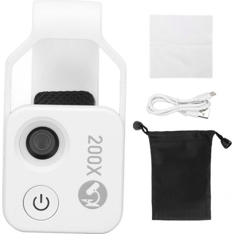Microscope de Poche pour Téléphone avec Zoom 200X, Lentille CPL et LED - Objectif Externe Portable pour Mobile Blanc (1/5)