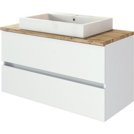 Waschtisch-Unterschrank 100 cm inkl. Keramik-Aufsatzbecken PESARO-03 in matt weiß mit Absetzung in Wotaneiche Nb., B/H/T: ca. 100/63/48 cm (1/5)