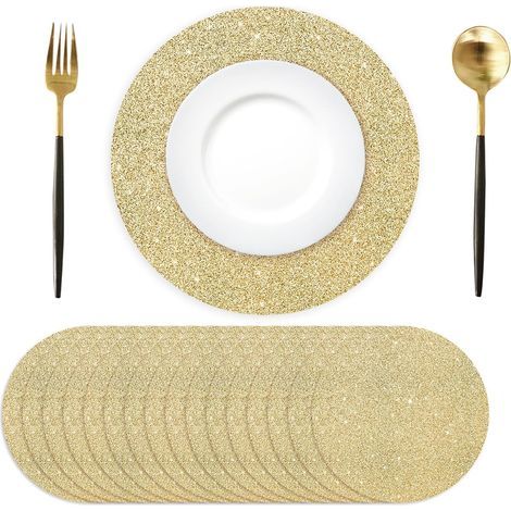 Lot de 50 Sets de Table en Papier Ronds Pailleté Doré Sets de Table jetables Ronds doré Clair, 35 cm, Décoratifs pour Fête, Vacances, Mariage, Anniversaire (1/4)